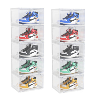 NNEAGS 2X 5 Tier Transparent Portable Shoe Organiser Sneaker Footwear Folding Plastic Bin Stackable Storage Box with Magnetic Door