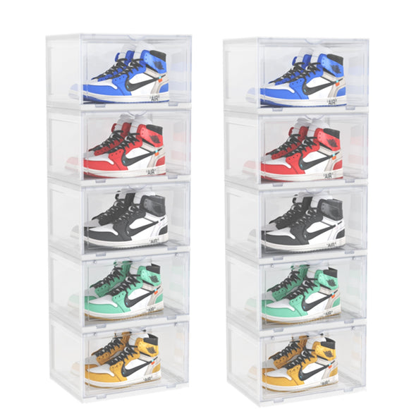 NNEAGS 2X 5 Tier Transparent Portable Shoe Organiser Sneaker Footwear Folding Plastic Bin Stackable Storage Box with Magnetic Door