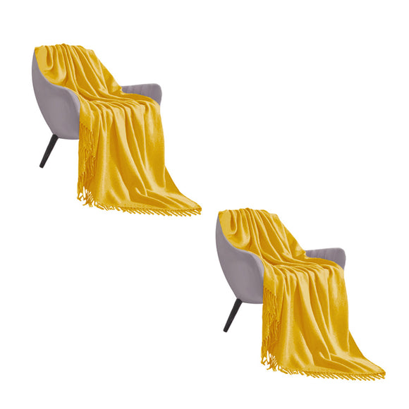 NNEAGS 2X Yellow Acrylic Knitted Throw Blanket Solid Fringed Warm Cozy Woven Cover Couch Bed Sofa Home Decor