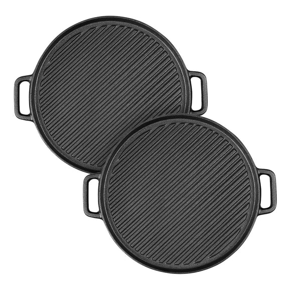 NNEAGS 2X 30cm Round Cast Iron Ribbed BBQ Pan Skillet Steak Sizzle Platter with Handle