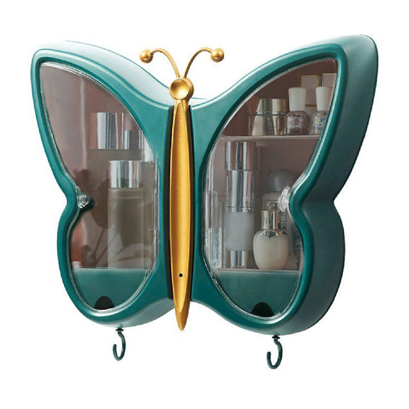 NNEAGS Green Butterfly Shape Wall-Mounted Makeup Organiser Dustproof Waterproof Bathroom Storage Box Home Decor