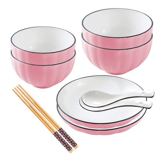 NNEAGS Pink Japanese Style Ceramic Dinnerware Crockery Soup Bowl Plate Server Kitchen Home Decor Set of 6