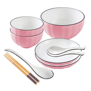 NNEAGS Pink Japanese Style Ceramic Dinnerware Crockery Soup Bowl Plate Server Kitchen Home Decor Set of 5