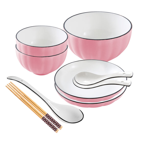 NNEAGS Pink Japanese Style Ceramic Dinnerware Crockery Soup Bowl Plate Server Kitchen Home Decor Set of 5