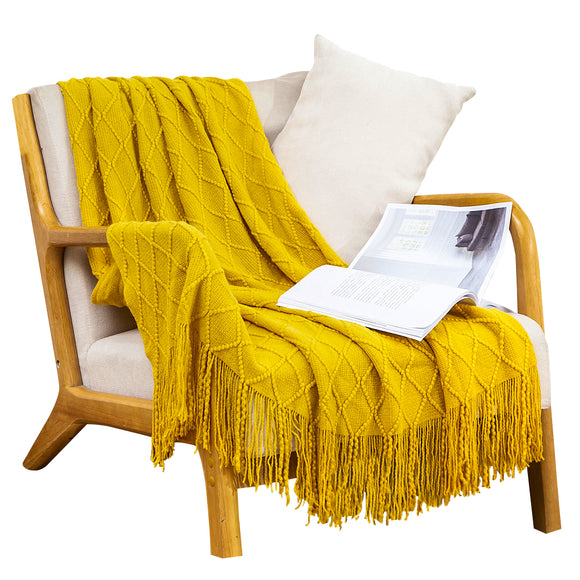 NNEAGS Yellow Diamond Pattern Knitted Throw Blanket Warm Cozy Woven Cover Couch Bed Sofa Home Decor with Tassels