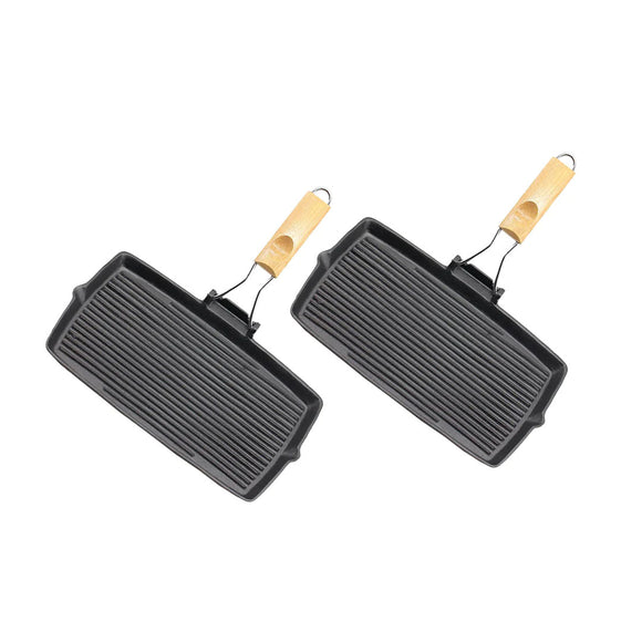 NNEAGS 2X 20.5cm Rectangular Cast Iron Griddle Grill Frying Pan with Folding Wooden Handle