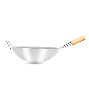 NNEAGS 38cm Stainless Steel Kitchen Cooking Wok with Wood Handle