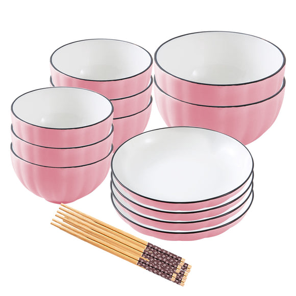 NNEAGS Pink Japanese Style Ceramic Dinnerware Crockery Soup Bowl Plate Server Kitchen Home Decor Set of 12