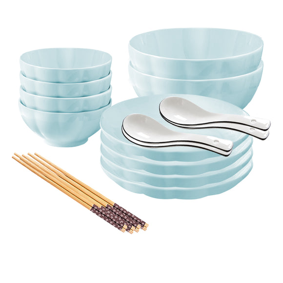 NNEAGS Light Blue Japanese Style Ceramic Dinnerware Crockery Soup Bowl Plate Server Kitchen Home Decor Set of 10