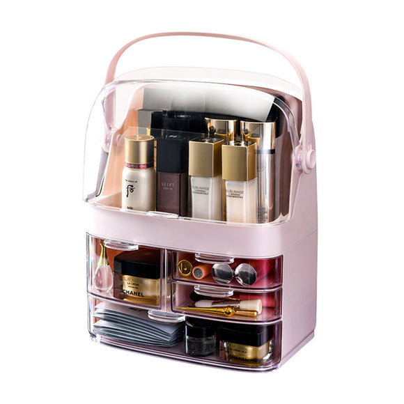 NNEAGS 3 Tier Pink Countertop Makeup Cosmetic Storage Organiser Skincare Holder Jewelry Storage Box with Handle