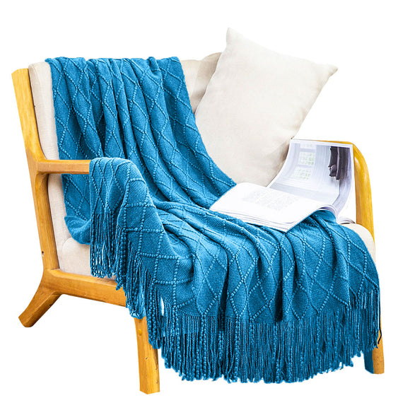 NNEAGS Blue Diamond Pattern Knitted Throw Blanket Warm Cozy Woven Cover Couch Bed Sofa Home Decor with Tassels
