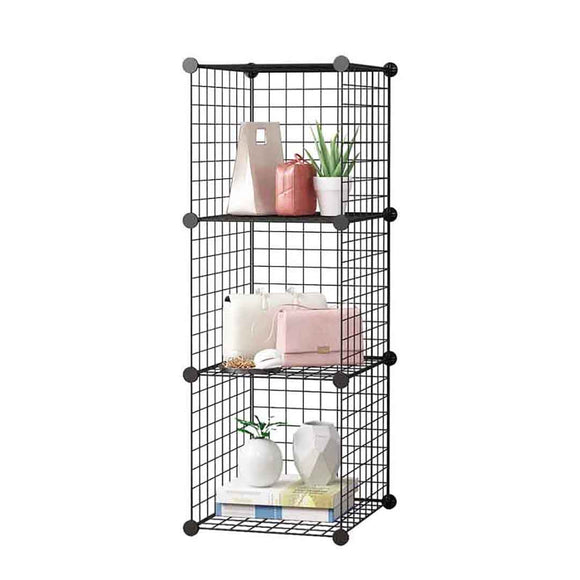 NNEAGS Black Portable 3 Tier Cube Storage Organiser Foldable DIY Modular Grid Space Saving Shelf