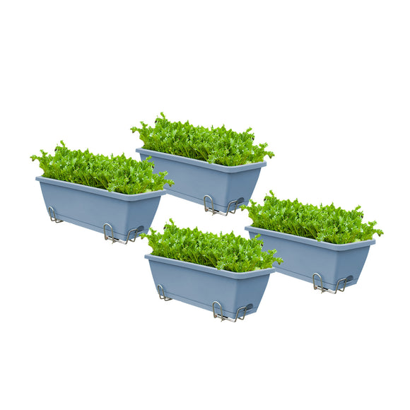 NNEAGS 49.5cm Blue Rectangular Planter Vegetable Herb Flower Outdoor Plastic Box with Holder Balcony Garden Decor Set of 4
