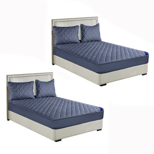 NNEAGS 2X Blue 183cm Wide Cross-Hatch Mattress Cover Thick Quilted Stretchable Bed Spread Sheet Protector with Pillow Covers