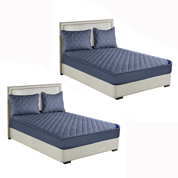 NNEAGS 2X Blue 183cm Wide Cross-Hatch Mattress Cover Thick Quilted Stretchable Bed Spread Sheet Protector with Pillow Covers