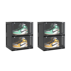 NNEAGS 2X 2 Tier Black Portable Shoe Organiser Sneaker Footwear Folding Plastic Bin Stackable Storage Box with Magnetic Door