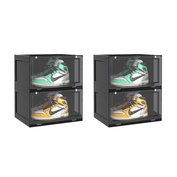 NNEAGS 2X 2 Tier Black Portable Shoe Organiser Sneaker Footwear Folding Plastic Bin Stackable Storage Box with Magnetic Door