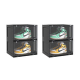NNEAGS 2X 2 Tier Black Portable Shoe Organiser Sneaker Footwear Folding Plastic Bin Stackable Storage Box with Magnetic Door