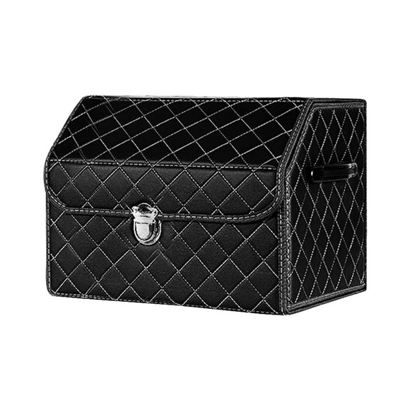 NNEAGS Leather Car Boot Collapsible Foldable Trunk Cargo Organizer Portable Storage Box Black/White Stitch with Lock Small