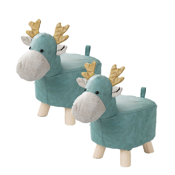 NNEAGS 2X Green Children Bench Deer Character Round Ottoman Stool Soft Small Comfy Seat Home Decor