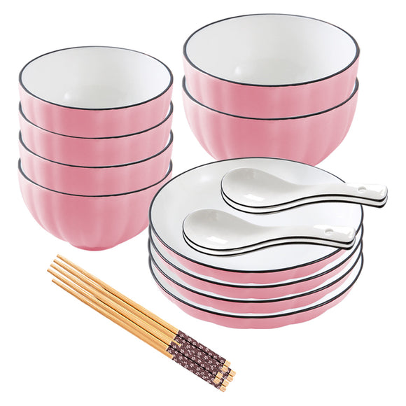NNEAGS Pink Japanese Style Ceramic Dinnerware Crockery Soup Bowl Plate Server Kitchen Home Decor Set of 10