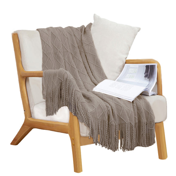 NNEAGS Coffee Diamond Pattern Knitted Throw Blanket Warm Cozy Woven Cover Couch Bed Sofa Home Decor with Tassels