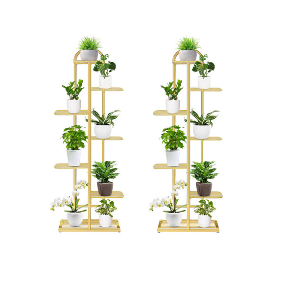 NNEAGS 2X 7 Tier 8 Pots Gold Metal Plant Stand Flowerpot Display Shelf Rack Indoor Home Office Decor