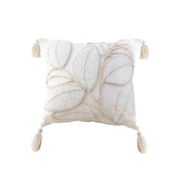 NNEAGS 45cm Wabi-sabi Cream Flower Cover & Beige Velvet Leaf Ring Square Throw Pillow