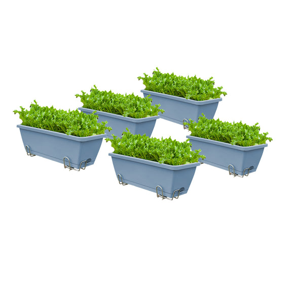 NNEAGS 49.5cm Blue Rectangular Planter Vegetable Herb Flower Outdoor Plastic Box with Holder Balcony Garden Decor Set of 5