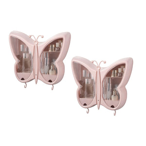 NNEAGS 2X Pink Butterfly Shape Wall-Mounted Makeup Organiser Dustproof Waterproof Bathroom Storage Box Home Decor