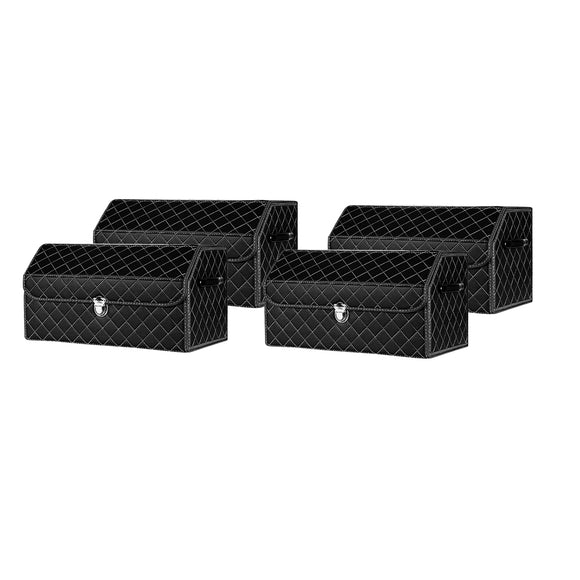 NNEAGS 4X Leather Car Boot Collapsible Foldable Trunk Cargo Organizer Portable Storage Box Black/White Stitch with Lock Medium