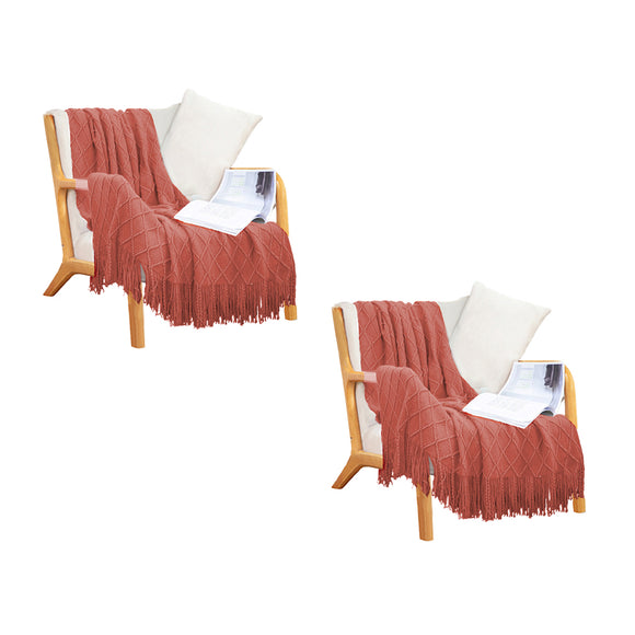 NNEAGS 2X Red Diamond Pattern Knitted Throw Blanket Warm Cozy Woven Cover Couch Bed Sofa Home Decor with Tassels