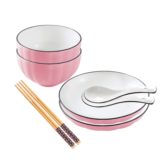 NNEAGS Pink Japanese Style Ceramic Dinnerware Crockery Soup Bowl Plate Server Kitchen Home Decor Set of 4