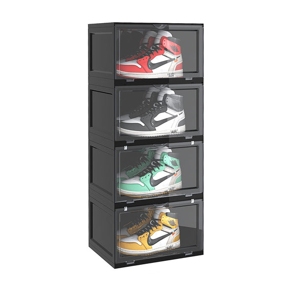 NNEAGS 4 Tier Black Portable Shoe Organiser Sneaker Footwear Folding Plastic Bin Stackable Storage Box with Magnetic Door