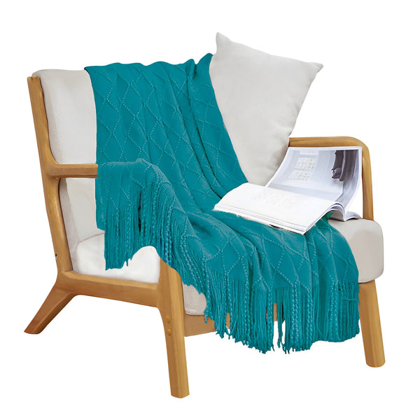 NNEAGS Teal Diamond Pattern Knitted Throw Blanket Warm Cozy Woven Cover Couch Bed Sofa Home Decor with Tassels