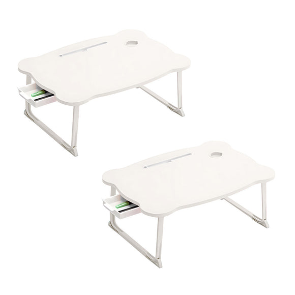 NNEAGS 2X White Portable Bed Table Adjustable Folding Mini Desk With Mini Drawer and Cup-Holder Home Decor