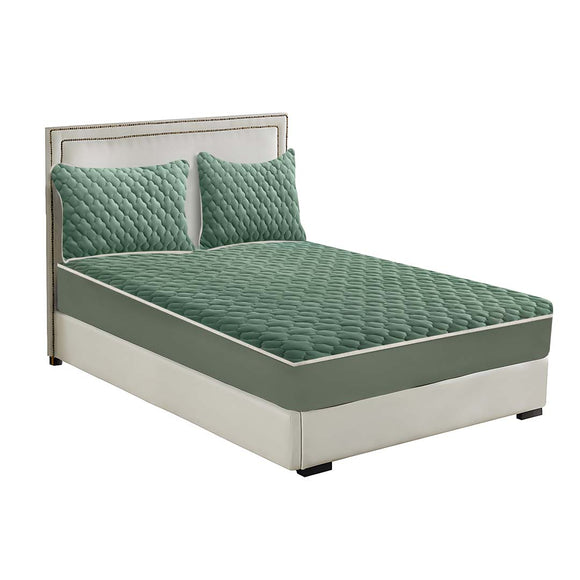 NNEAGS Green 153cm Wide Mattress Cover Thick Quilted Fleece Stretchable Clover Design Bed Spread Sheet Protector with Pillow Covers