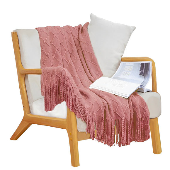 NNEAGS Pink Diamond Pattern Knitted Throw Blanket Warm Cozy Woven Cover Couch Bed Sofa Home Decor with Tassels
