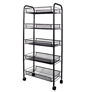 NNEAGS 5 Tier Steel Black Bee Mesh Kitchen Cart Multi-Functional Shelves Portable Storage Organizer with Wheels