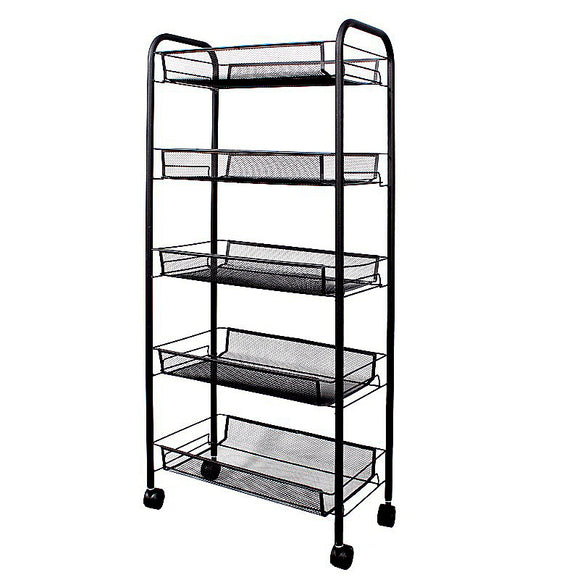 NNEAGS 5 Tier Steel Black Bee Mesh Kitchen Cart Multi-Functional Shelves Portable Storage Organizer with Wheels