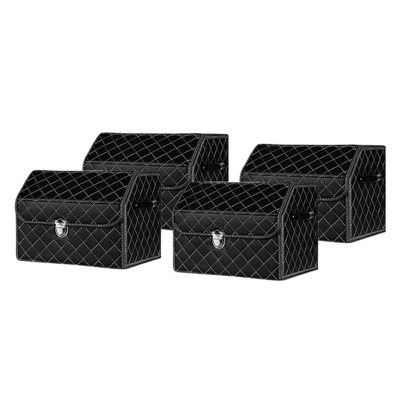 NNEAGS 4X Leather Car Boot Collapsible Foldable Trunk Cargo Organizer Portable Storage Box Black/White Stitch with Lock Small