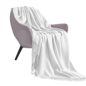 NNEAGS White Acrylic Knitted Throw Blanket Solid Fringed Warm Cozy Woven Cover Couch Bed Sofa Home Decor