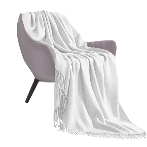 NNEAGS White Acrylic Knitted Throw Blanket Solid Fringed Warm Cozy Woven Cover Couch Bed Sofa Home Decor