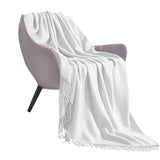 NNEAGS White Acrylic Knitted Throw Blanket Solid Fringed Warm Cozy Woven Cover Couch Bed Sofa Home Decor