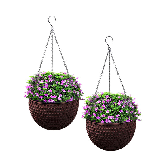 NNEAGS 2X Coffee Small Hanging Resin Flower Pot Self Watering Basket Planter Outdoor Garden Decor