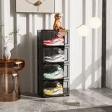 NNEAGS 2X 4 Tier Black Portable Shoe Organiser Sneaker Footwear Folding Plastic Bin Stackable Storage Box with Magnetic Door
