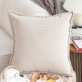 NNEAGS 2X 45cm Beige Warm Wood Tone & Wabi-sabi Striped Corduroy Square Throw Pillow