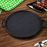 NNEAGS 2X 30cm Round Cast Iron Ribbed BBQ Pan Skillet Steak Sizzle Platter with Handle