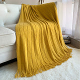 NNEAGS Mustard Textured Knitted Throw Blanket Warm Cozy Woven Cover Couch Bed Sofa Home Decor with Tassels