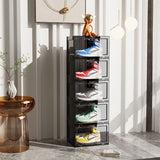 NNEAGS 5 Tier Black Portable Shoe Organiser Sneaker Footwear Folding Plastic Bin Stackable Storage Box with Magnetic Door